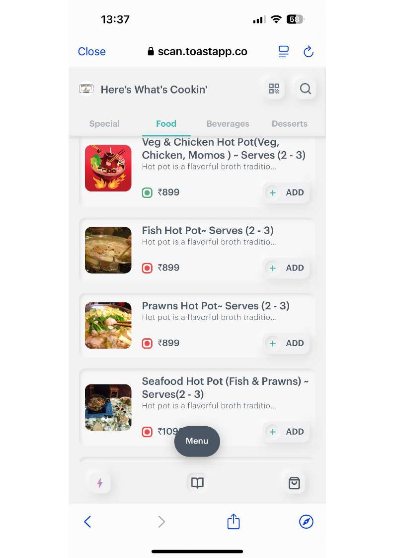 Here's What's Cookin` menu