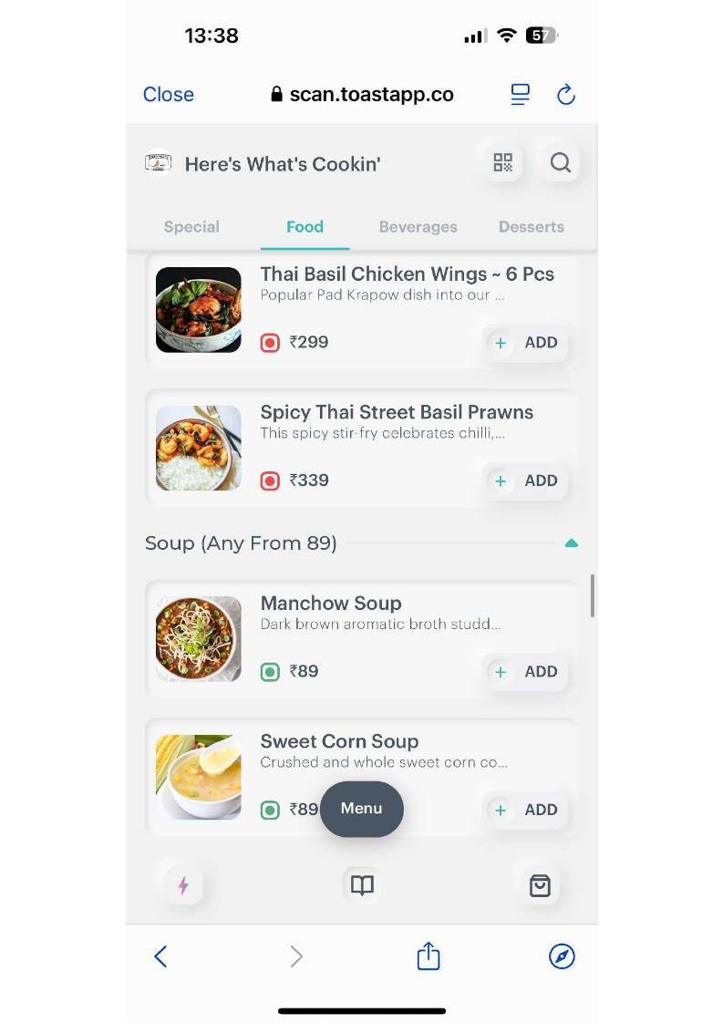 Here's What's Cookin` menu