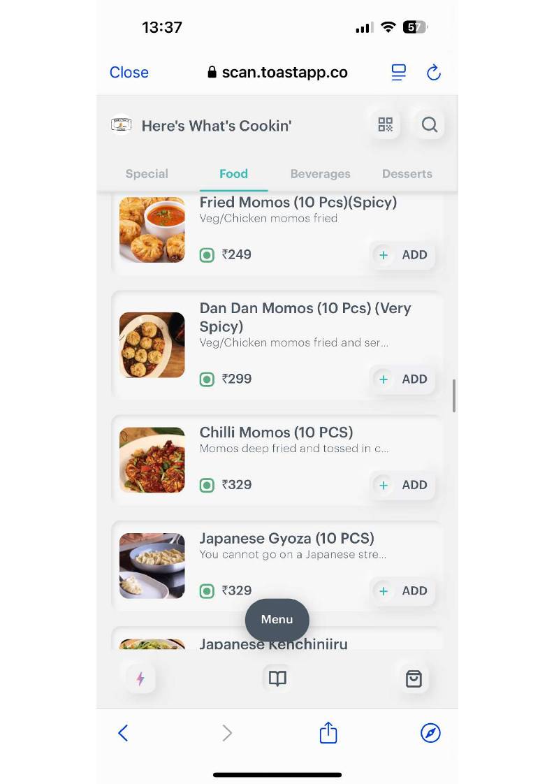 Here's What's Cookin` menu