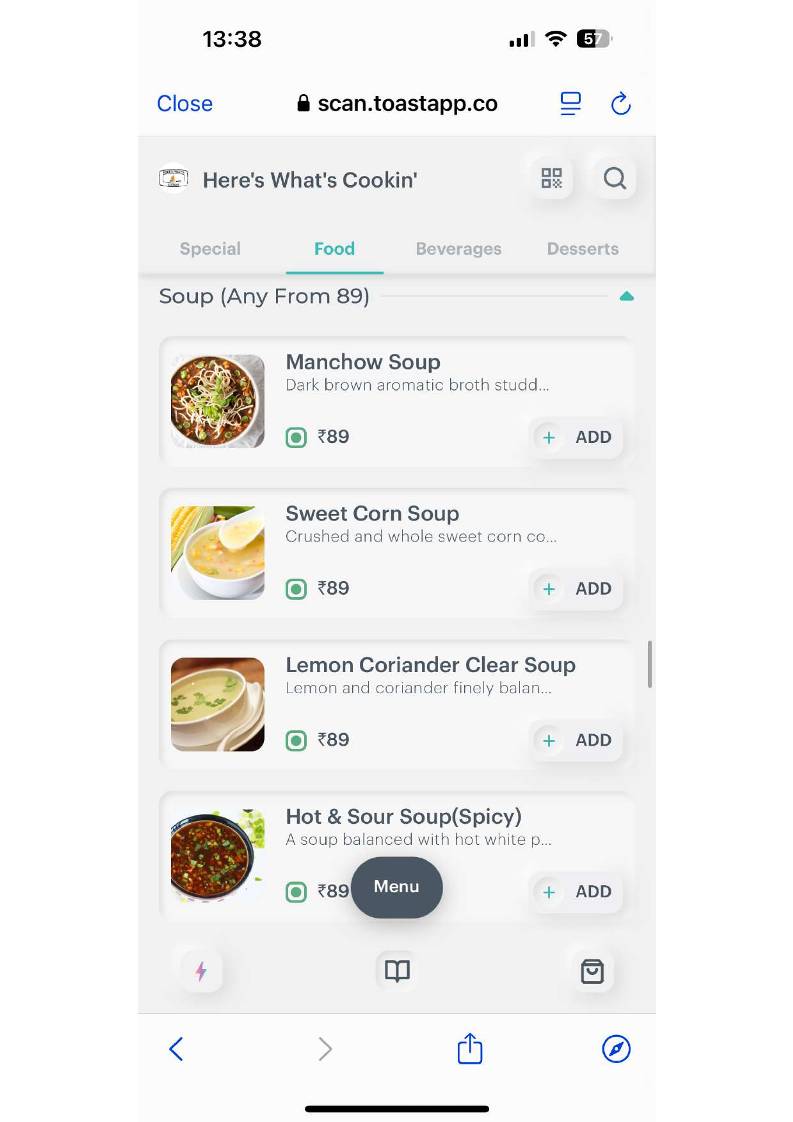 Here's What's Cookin` menu