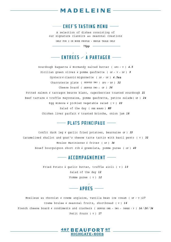 Menu at Madeleine restaurant, Highgate