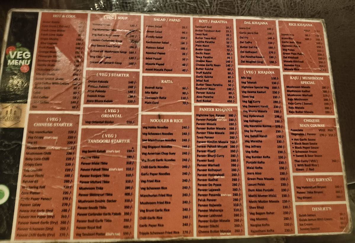 Highview restaurant menu
