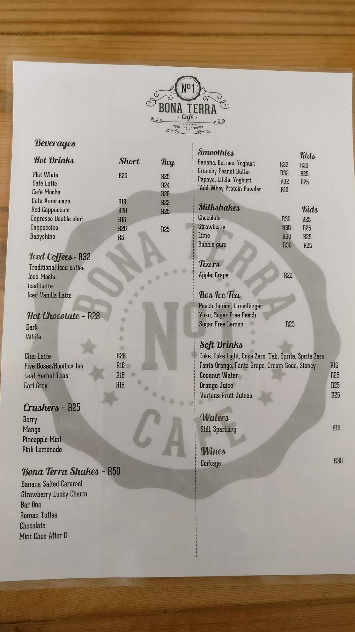 Menu at Bona Terra Cafe, Hillcrest