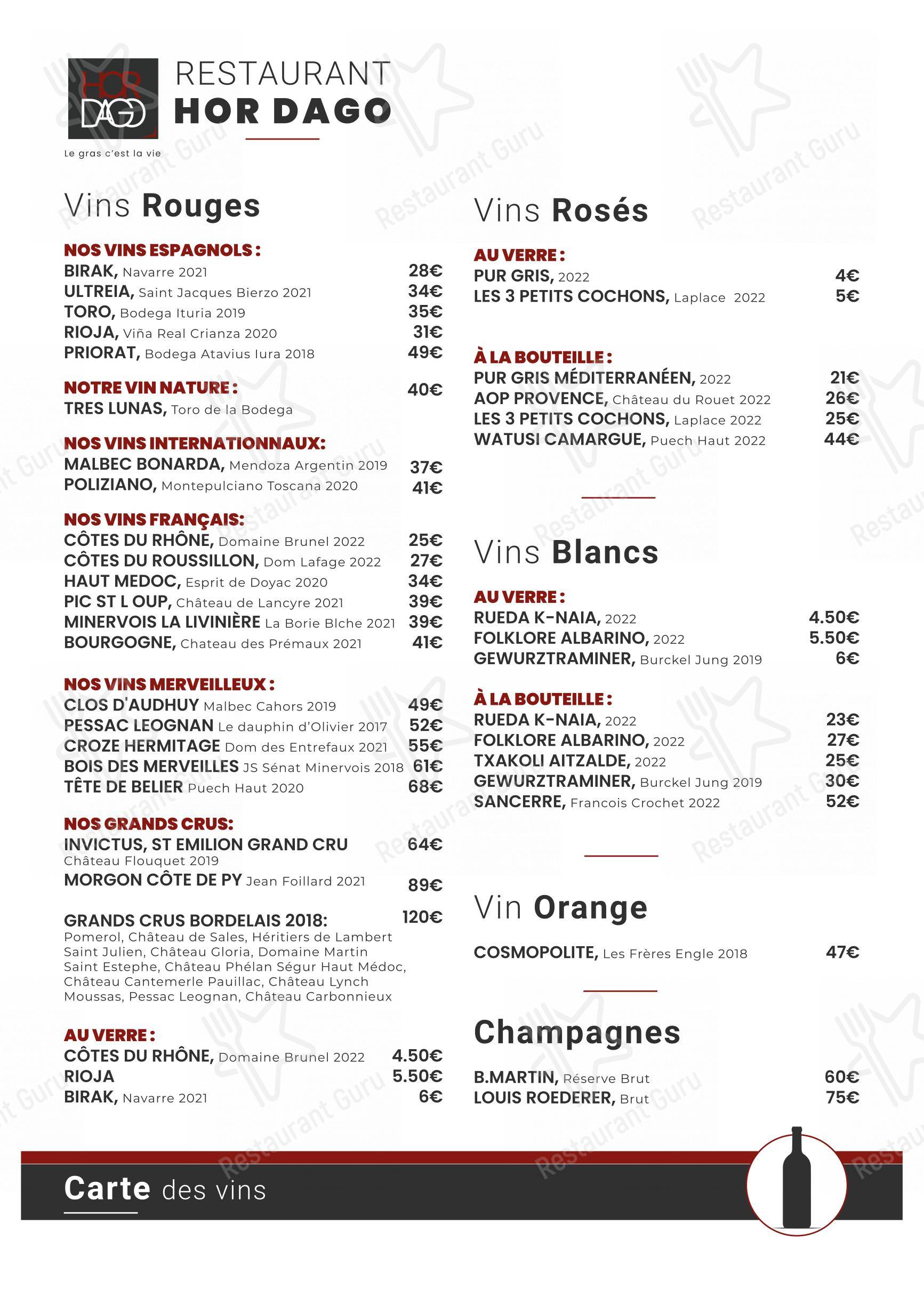 Menu au Hor Dago restaurant, Saint-Jean-de-Luz