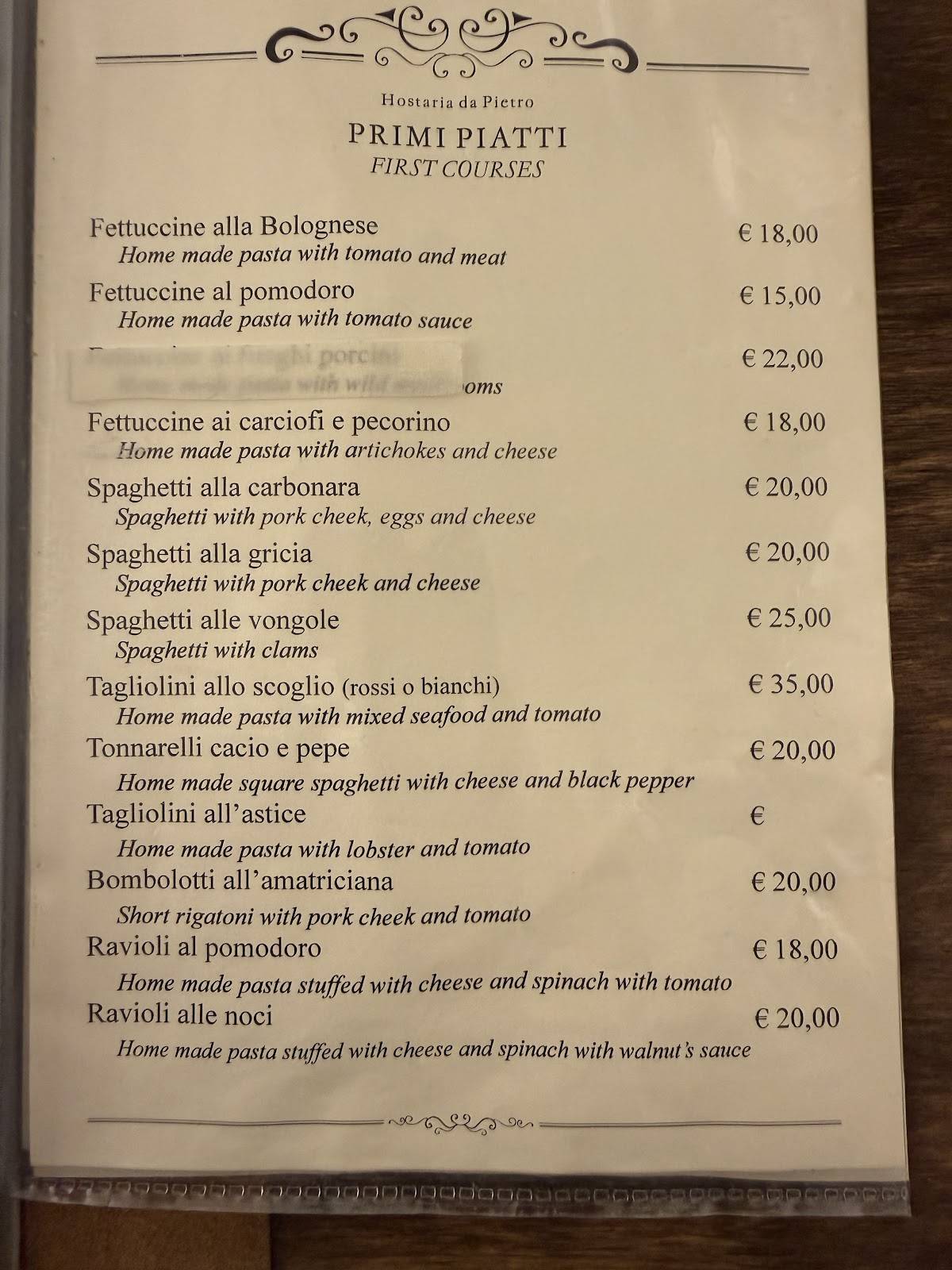 Menu di Hostaria Da Pietro 