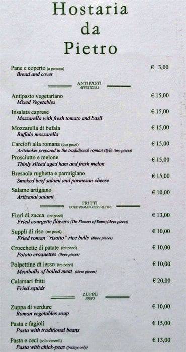 Menu di Hostaria da Pietro 