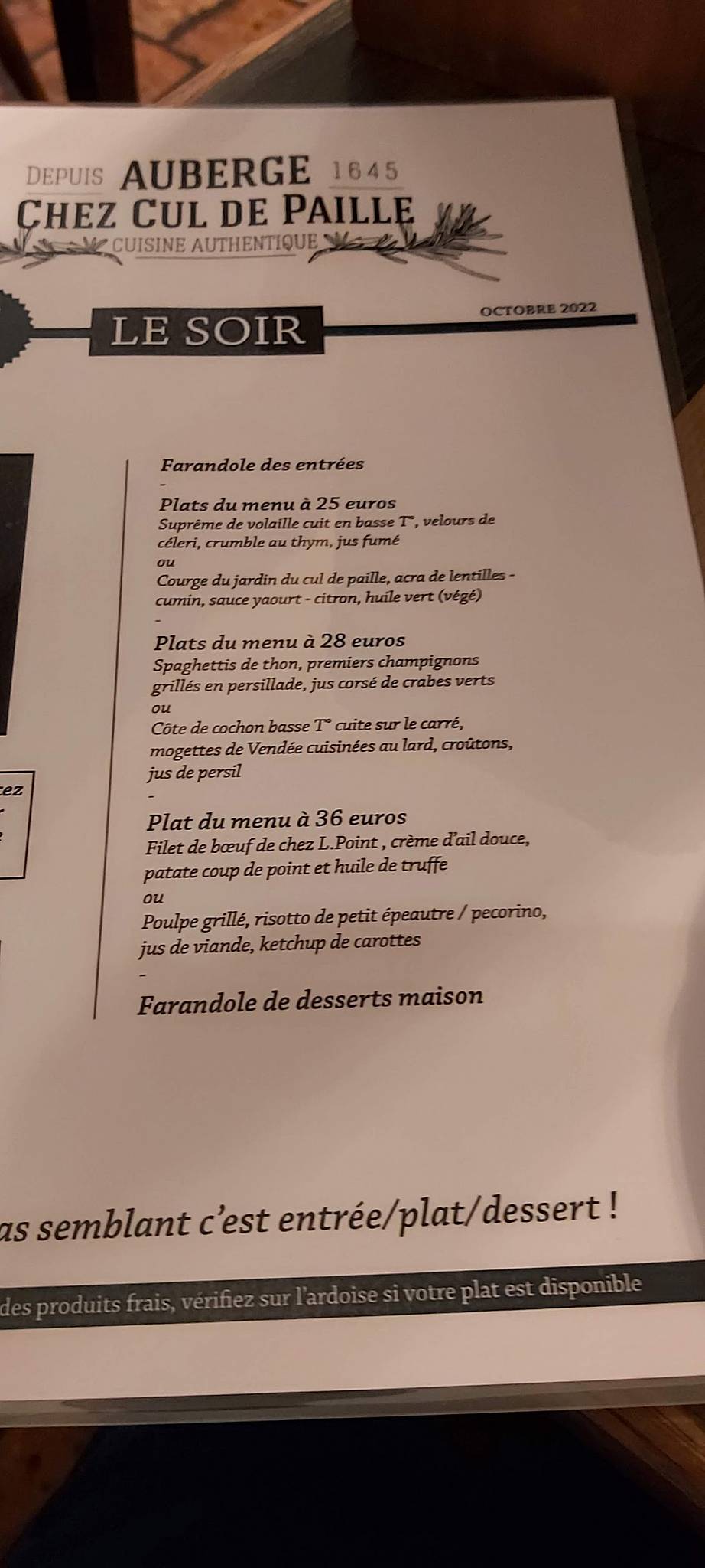 Menu au Auberge Le Cul de Paille restaurant, Poitiers