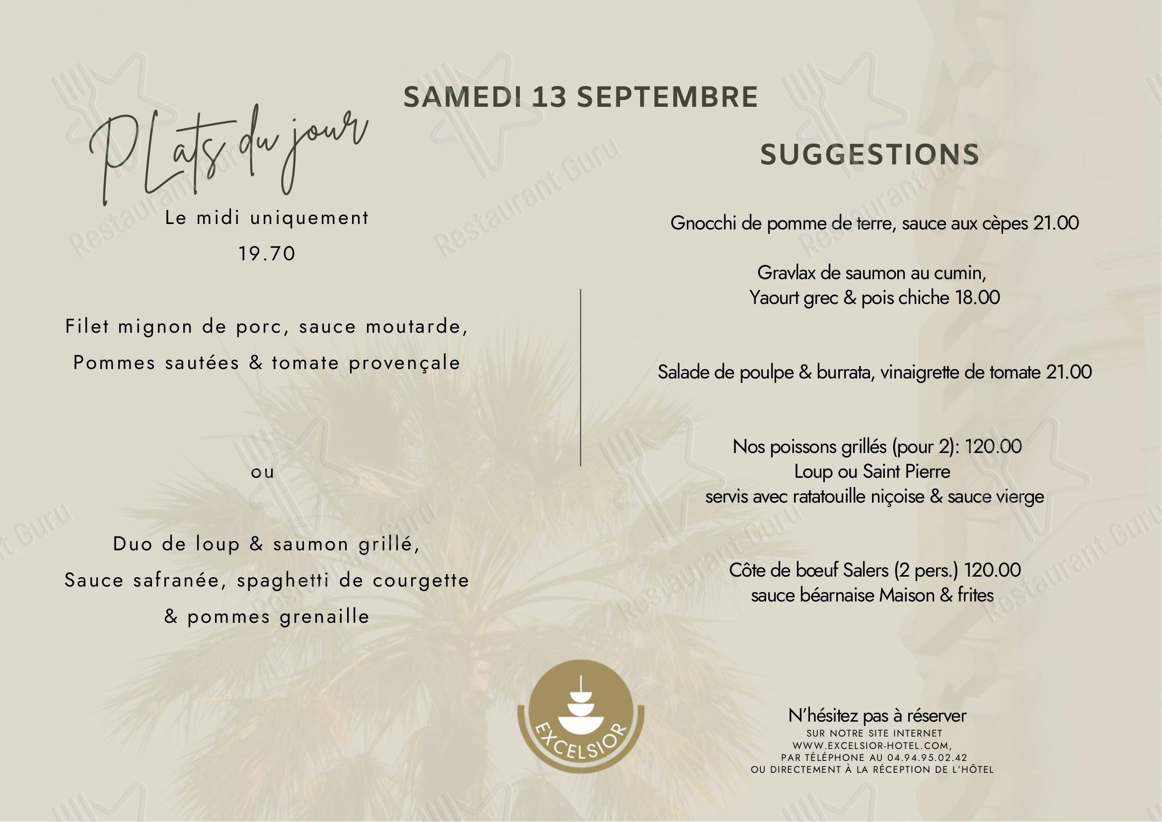Menu pour Hôtel Excelsior - Côte d'Azur - Saint-Raphaël - Menu