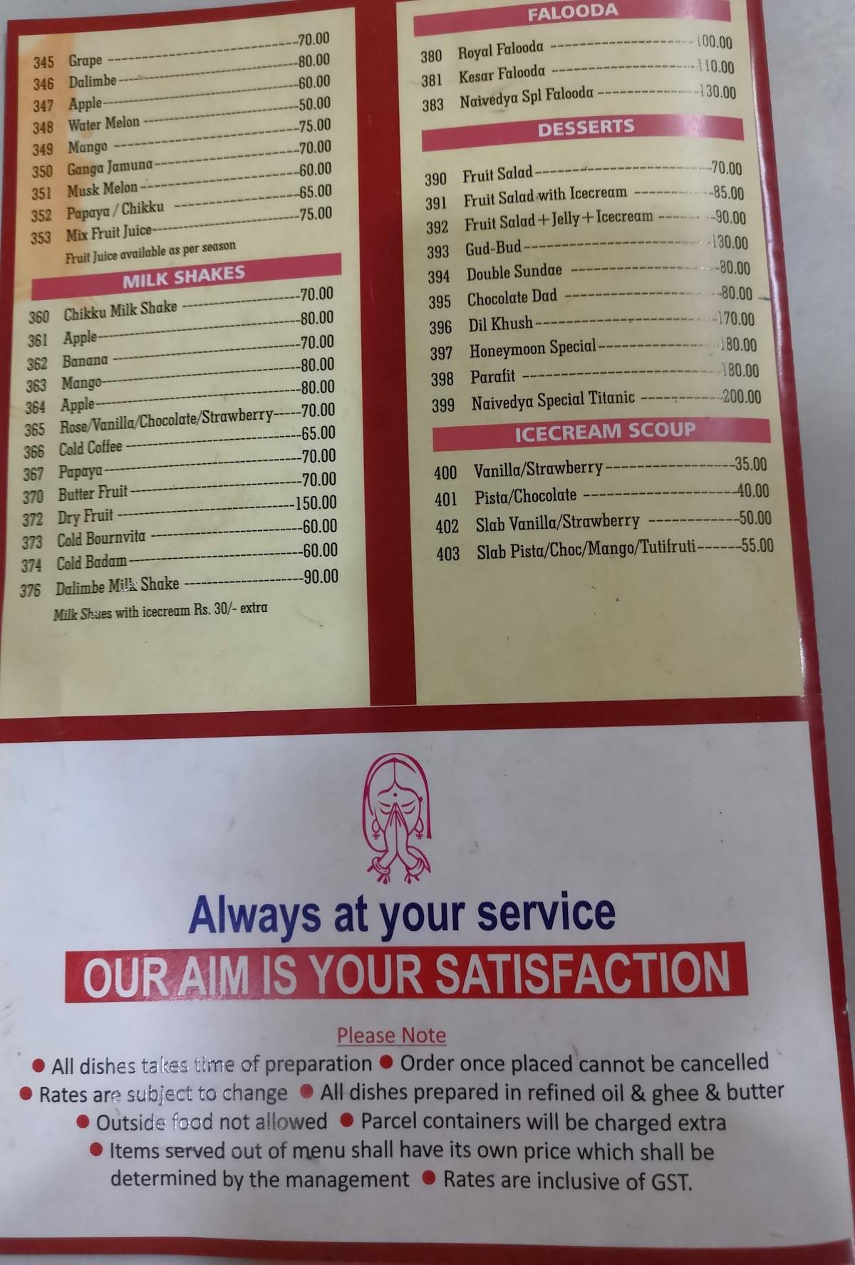 Hotel Naivedya menu