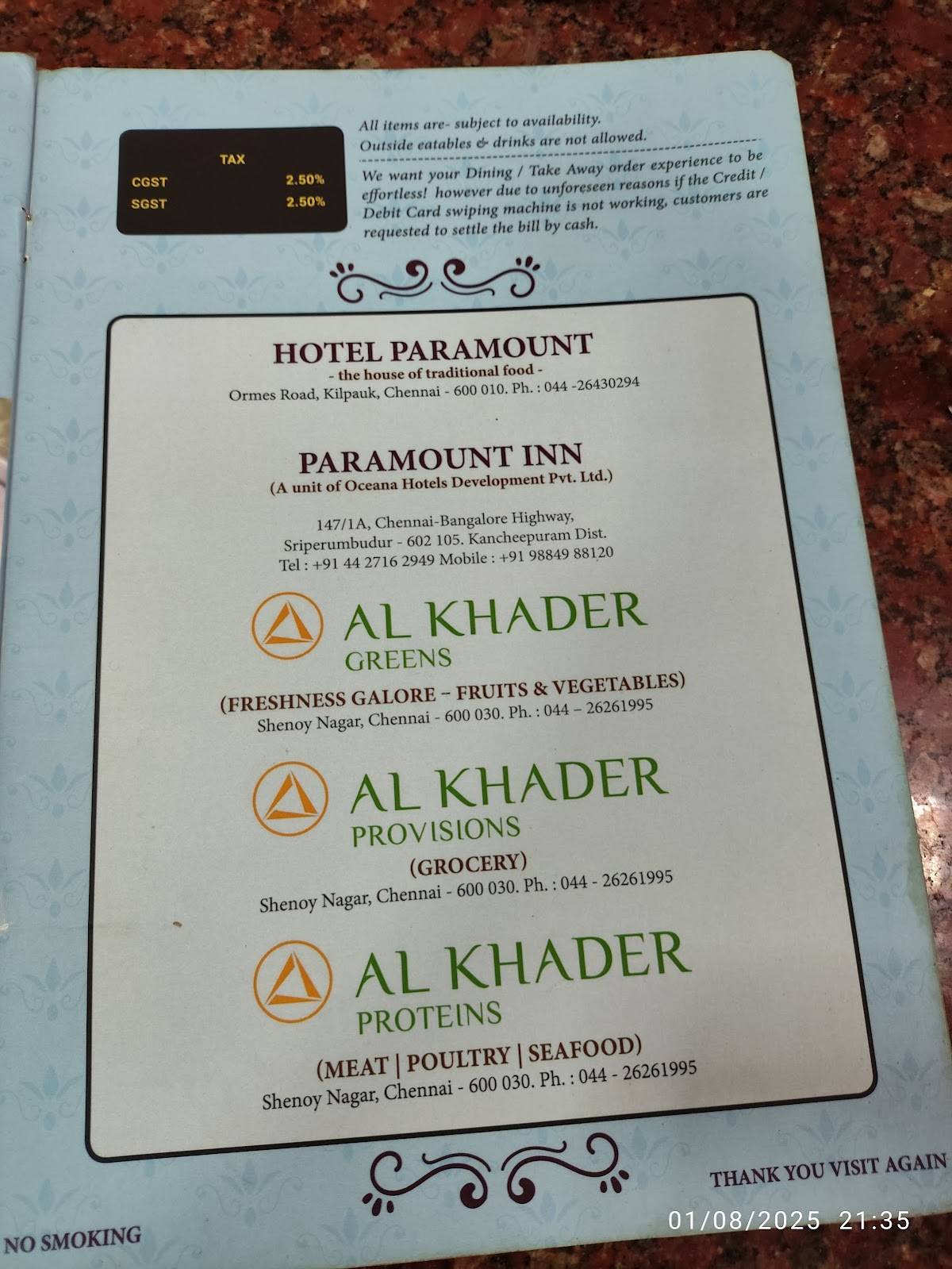 Hotel Paramount menu