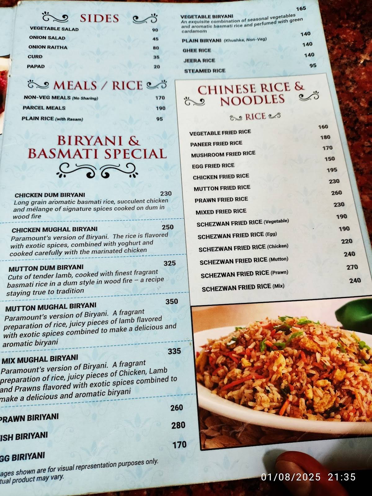 Hotel Paramount menu