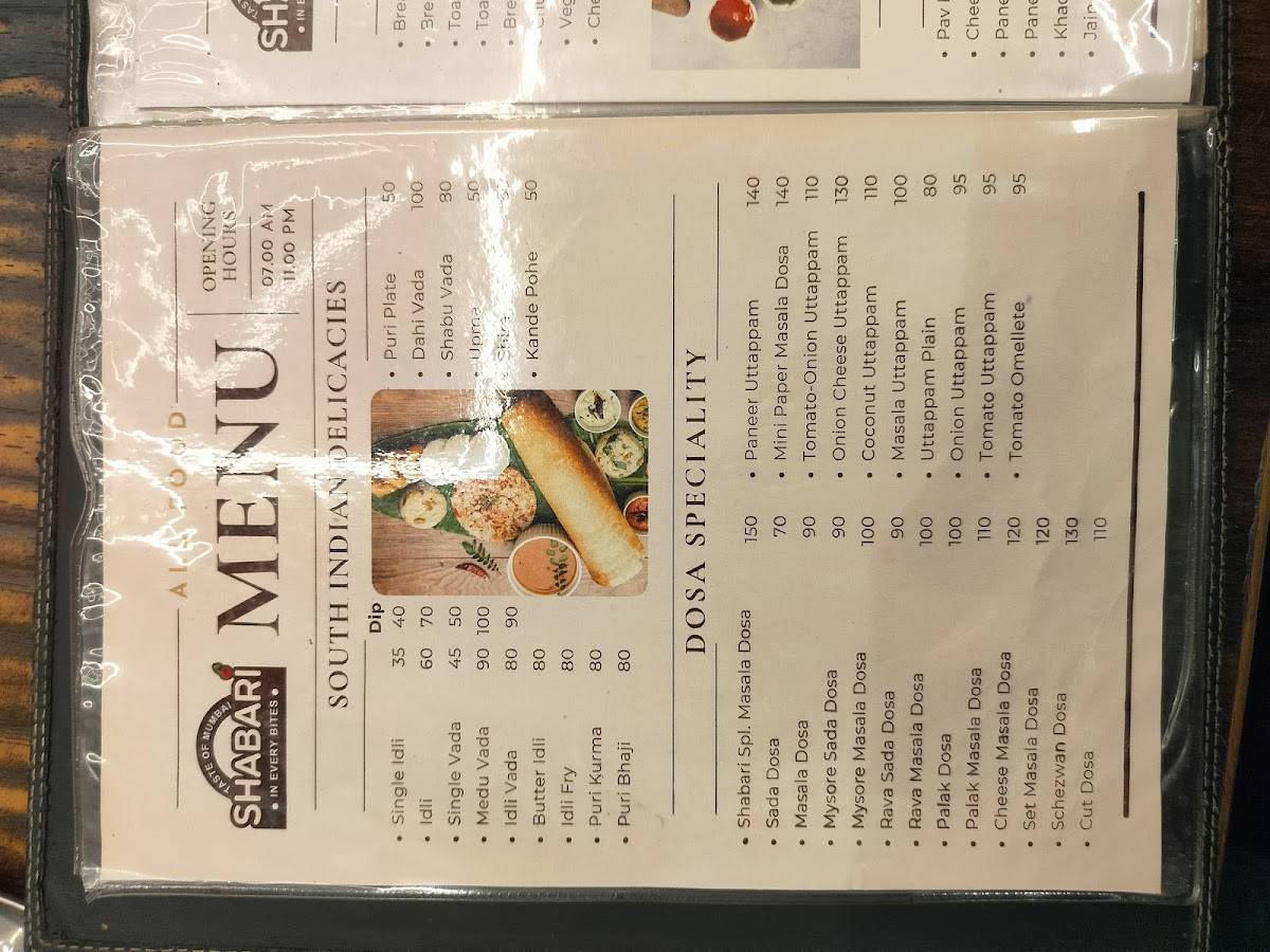 Hotel Shabari menu