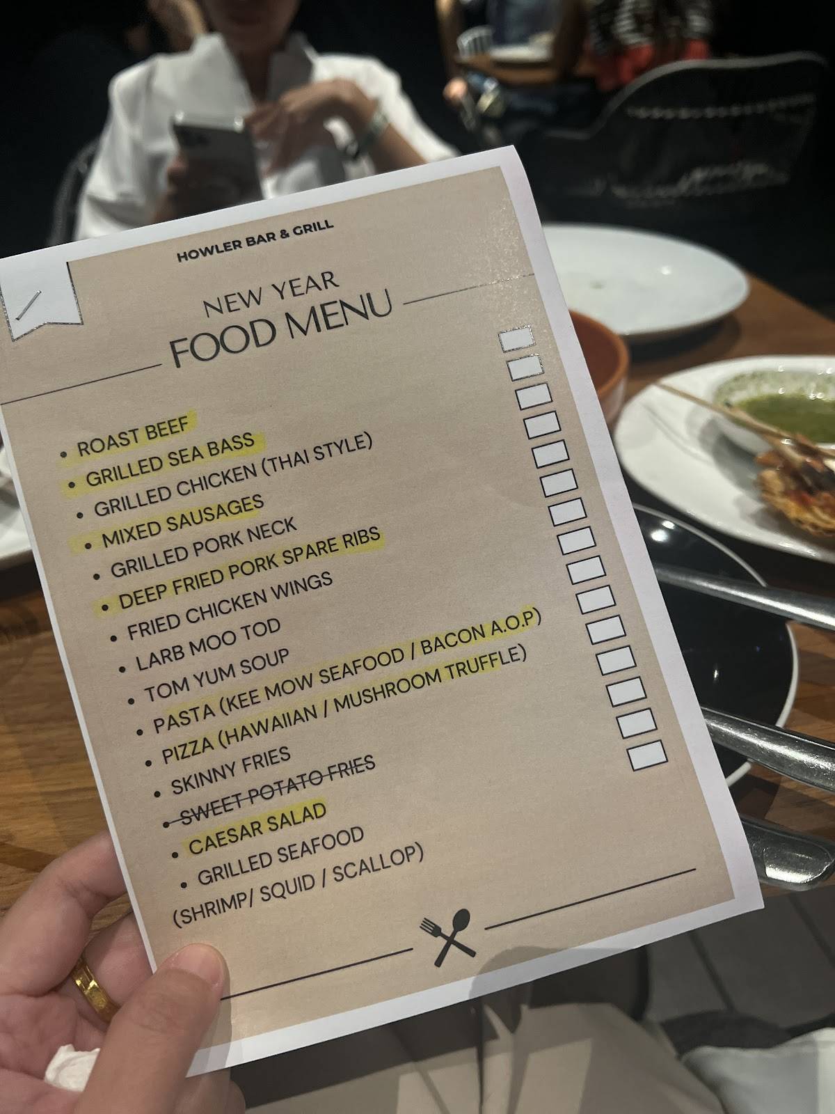 Menu at Howler Bar & Grill, Bangkok