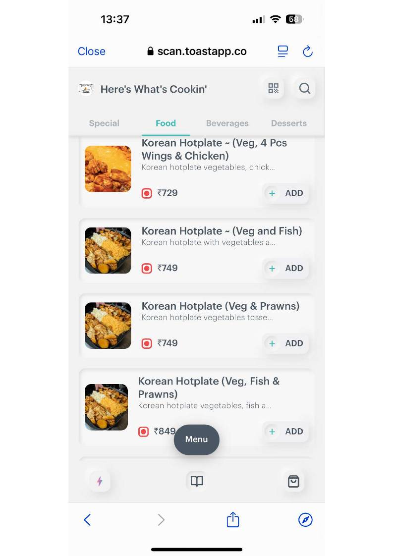 Here's What's Cookin` menu