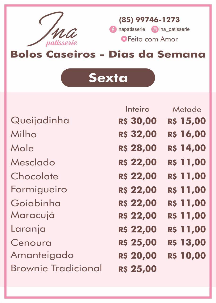 INA PATISSERIE cardápio