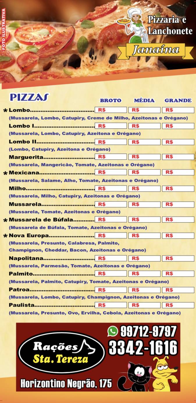 Pizzaria Janaína - Ibitinga cardápio