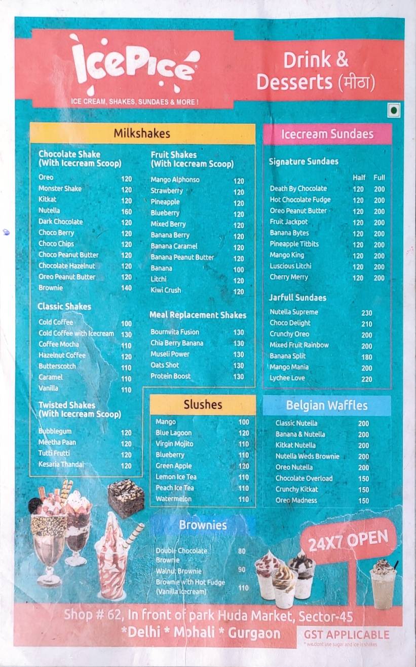 Ice Pice menu
