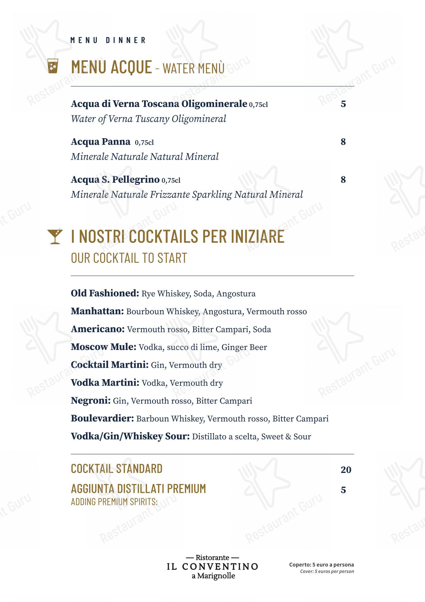 Menu bar per Il Conventino di Villa Tolomei a Marignolle ristorante