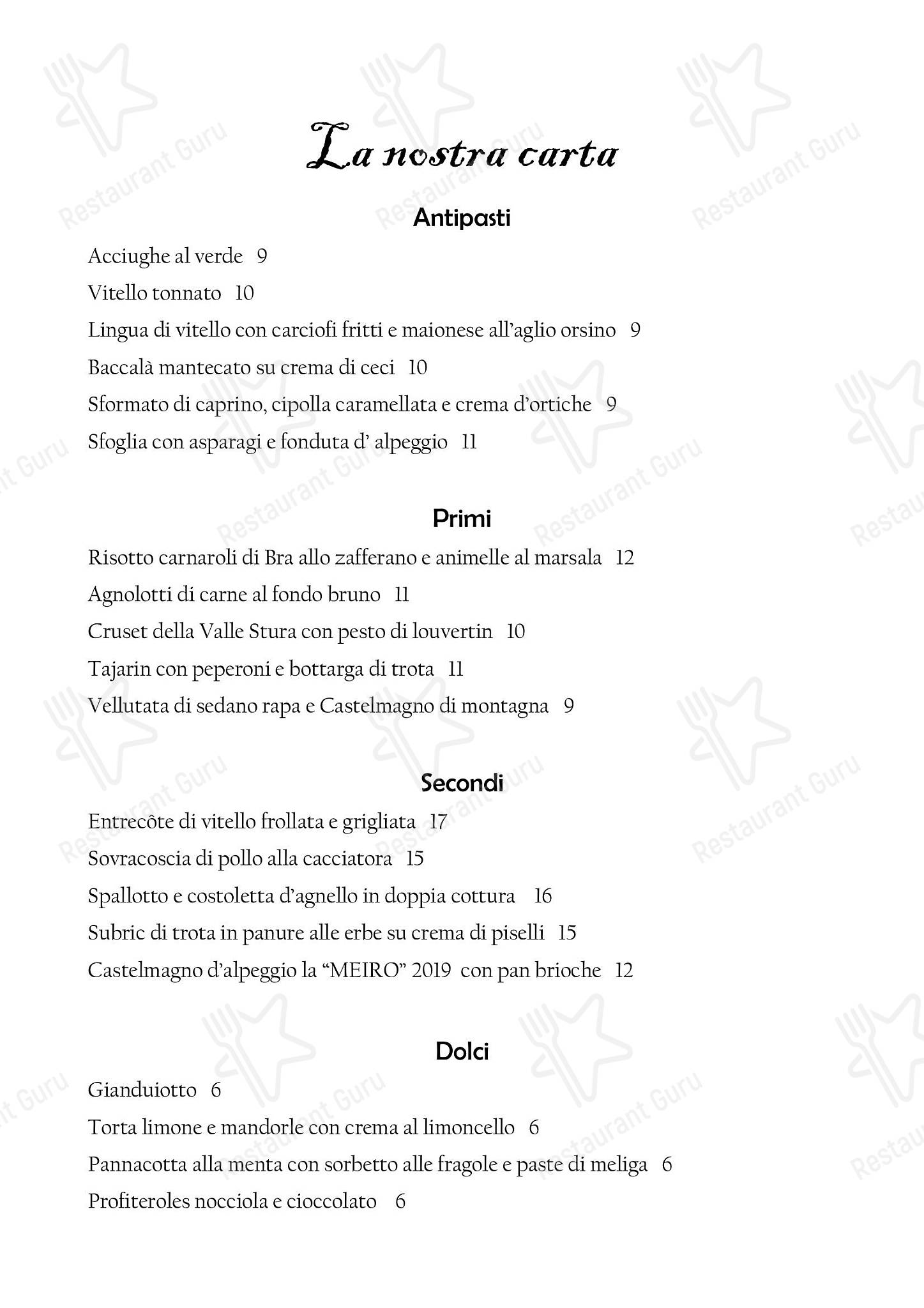 Bar menu per Il Nuovo Zuavo ristorante