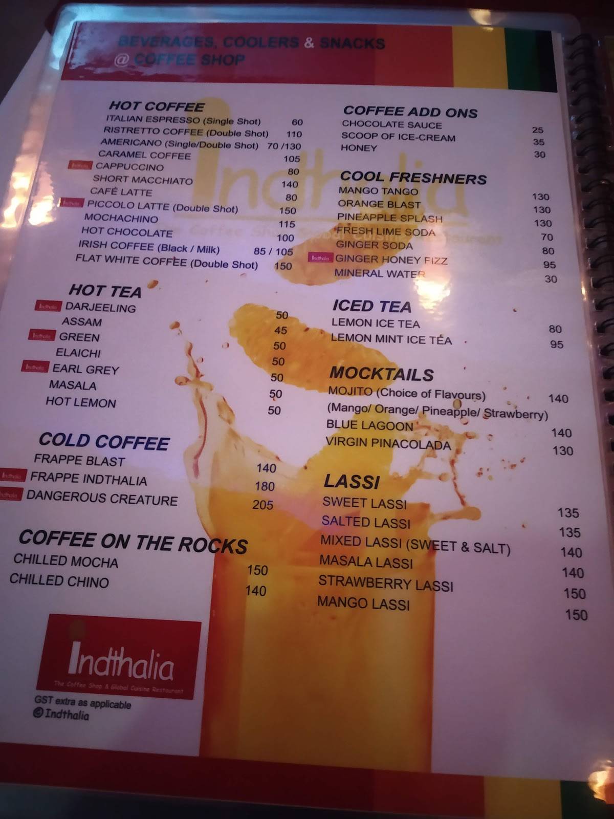 Indthalia menu