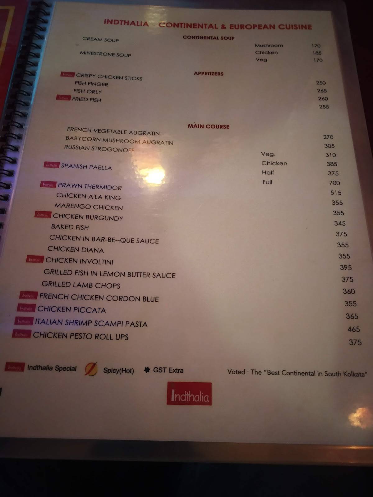 Indthalia menu
