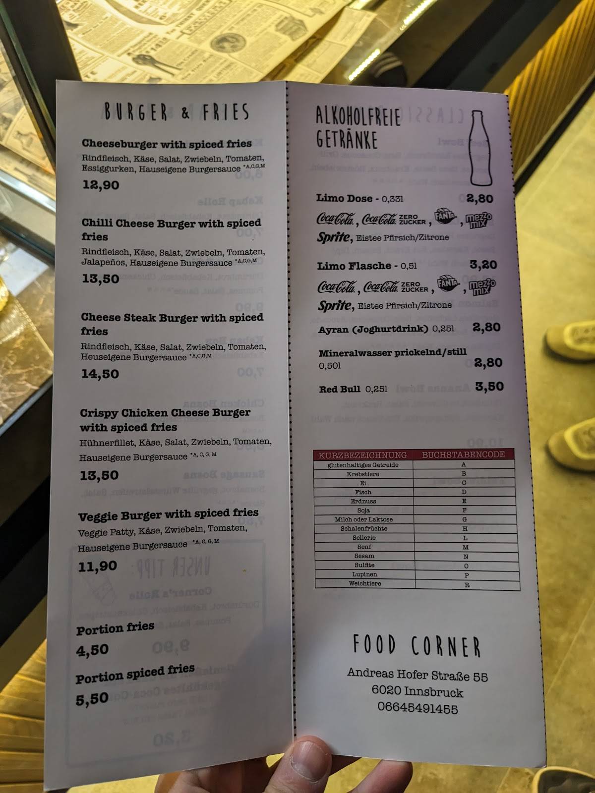 Menu de Food Corner