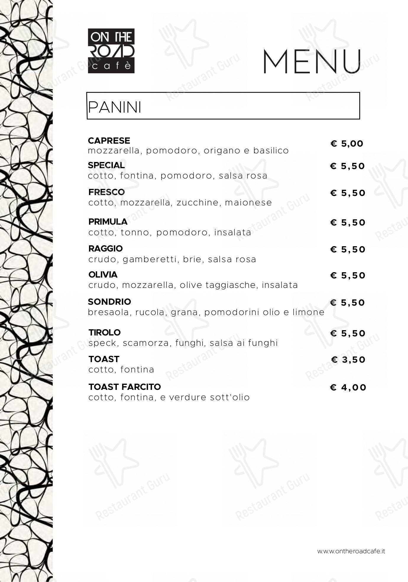Menu bar pour On The Road Cafe pub et bar