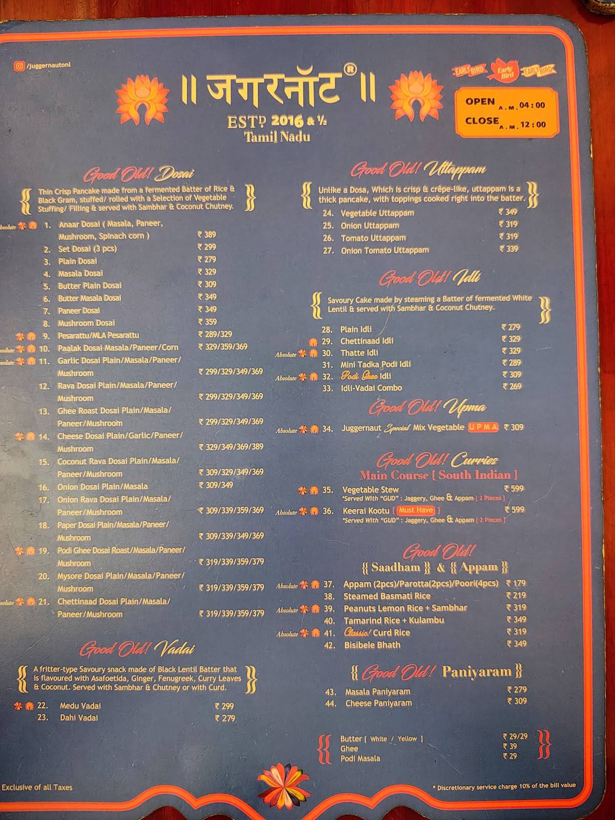 J U G G E R N A U T, Barakhamba Road menu