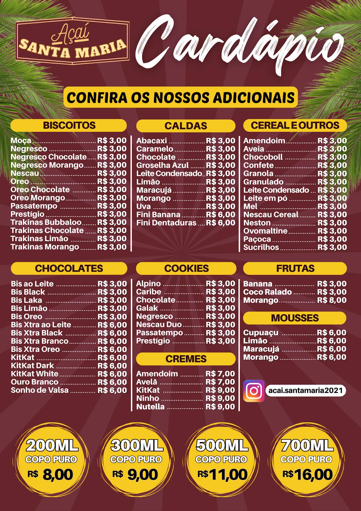Açaí Santa Maria cardápio