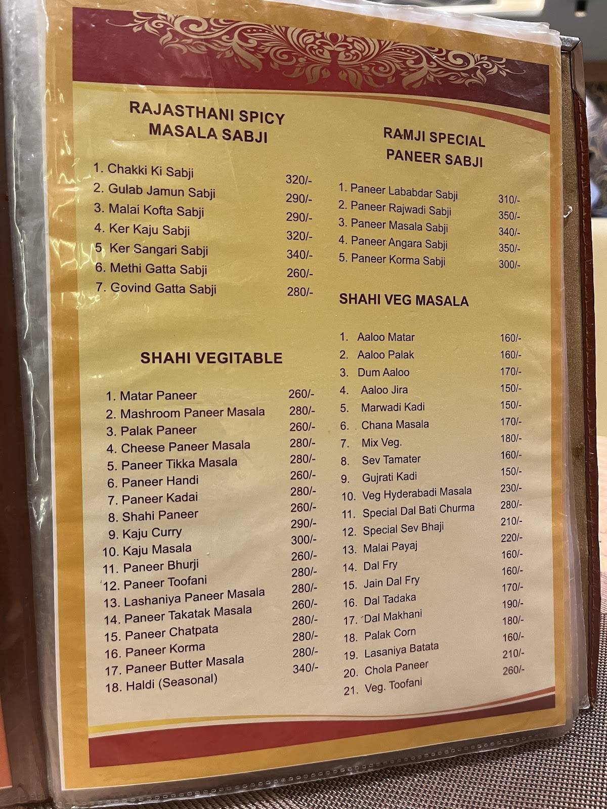 RAMJI RESTAURANT menu