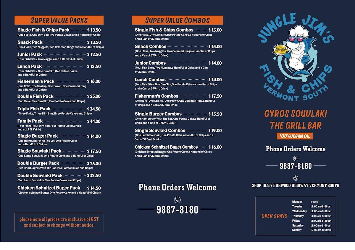 Menu at Jungle Jim's Fish & Chips fast food, Vermont