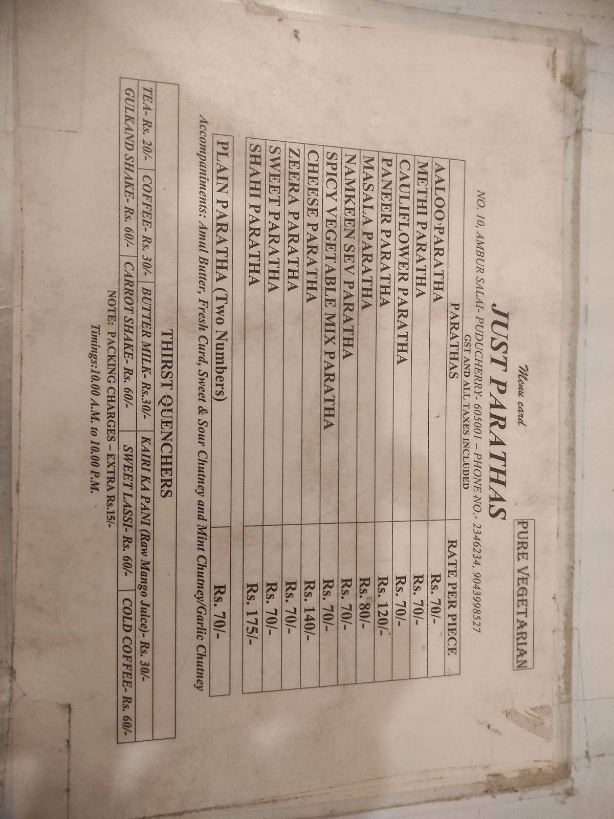 Just Parathas(Pure Vegetarian) menu