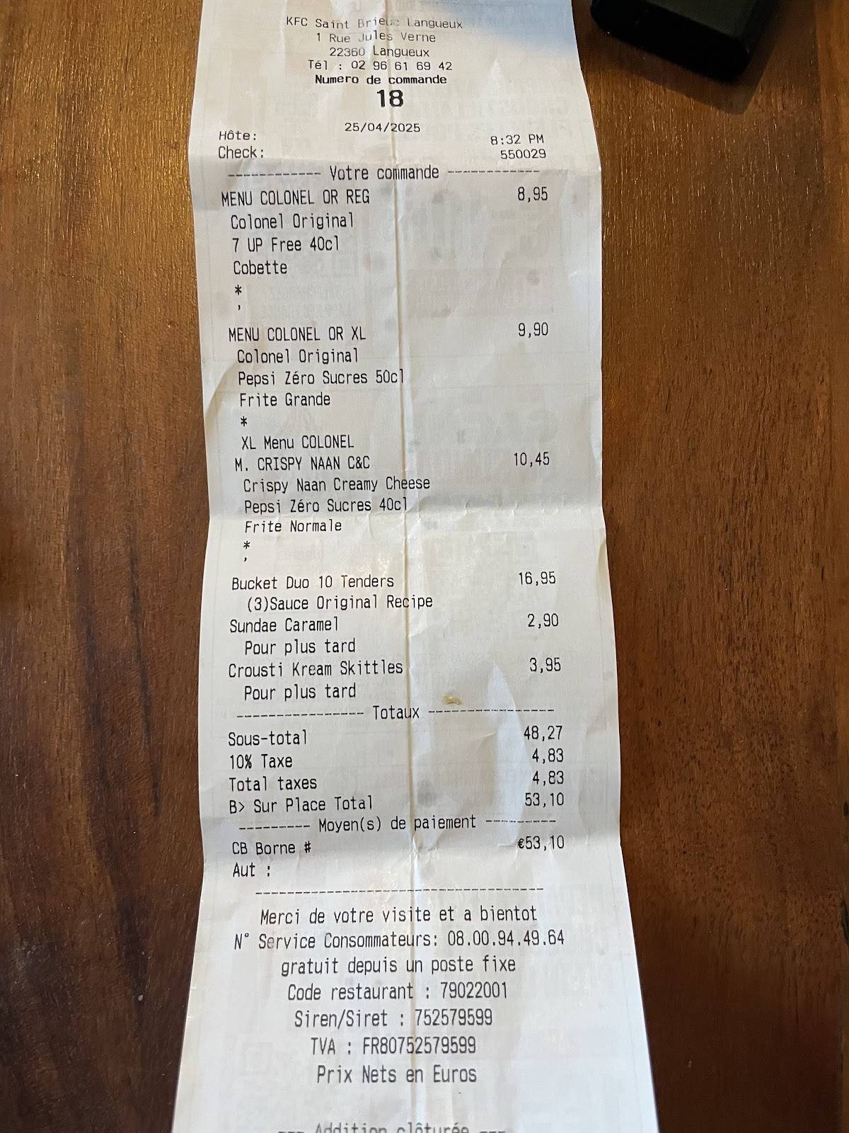 Menu de KFC Saint Brieuc Langueux