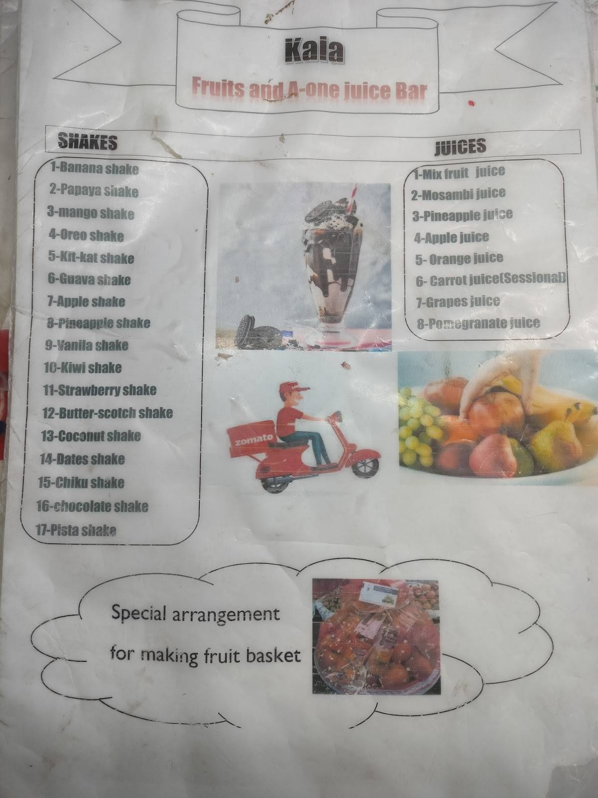 Kala fruit and a-one juice bar menu