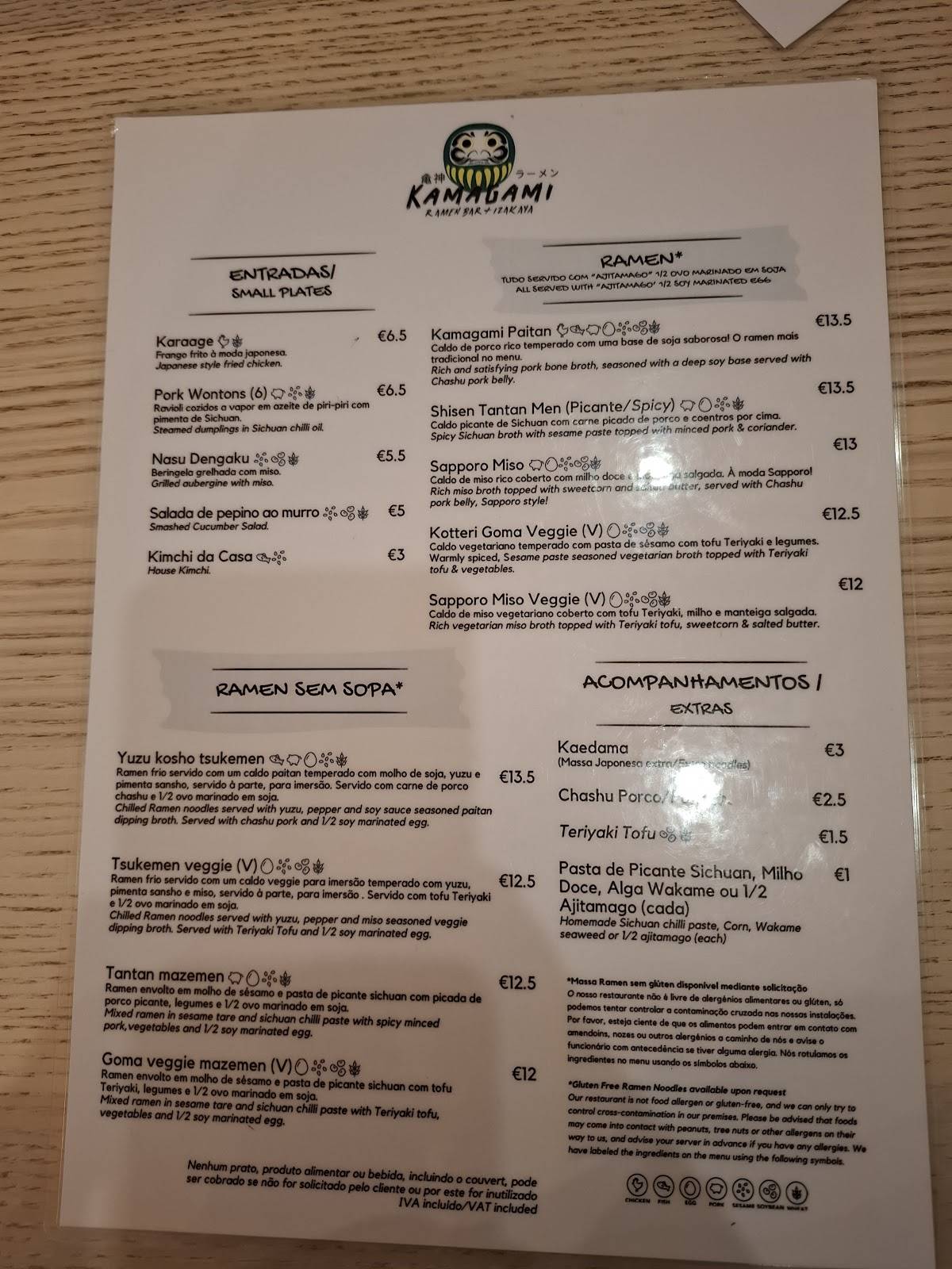 Menu em Kamagami Ramen restaurante, Setúbal