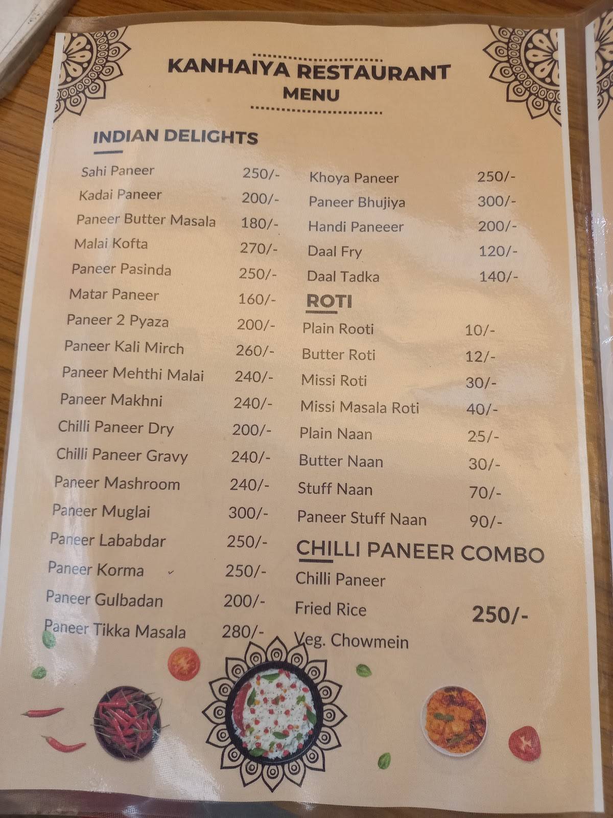 Kanhaiya Restaurant menu