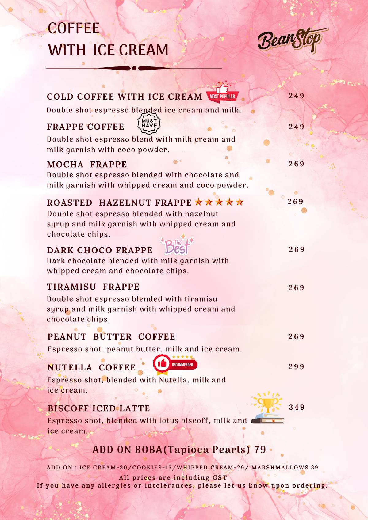 Bean Stop menu
