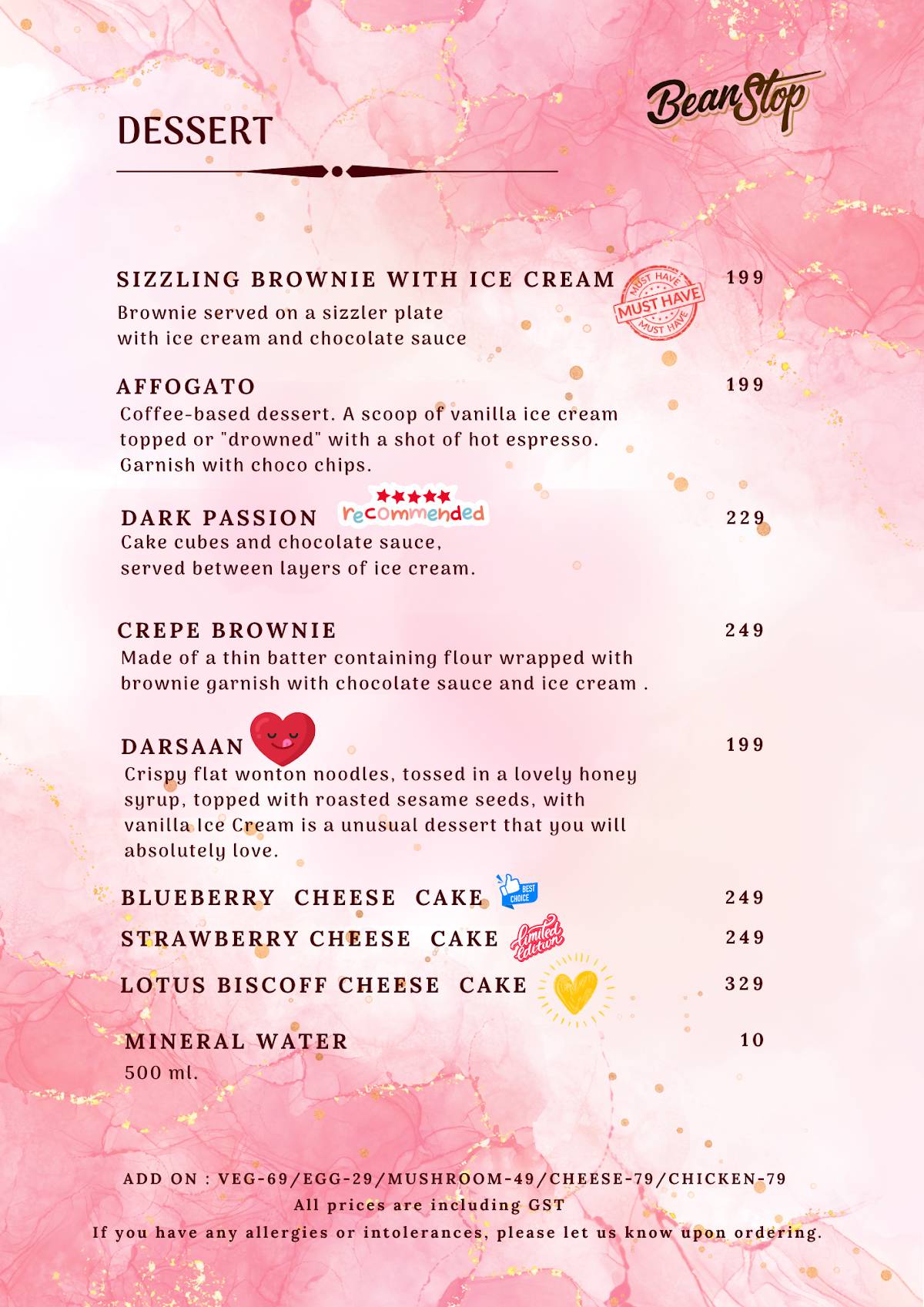 Bean Stop menu