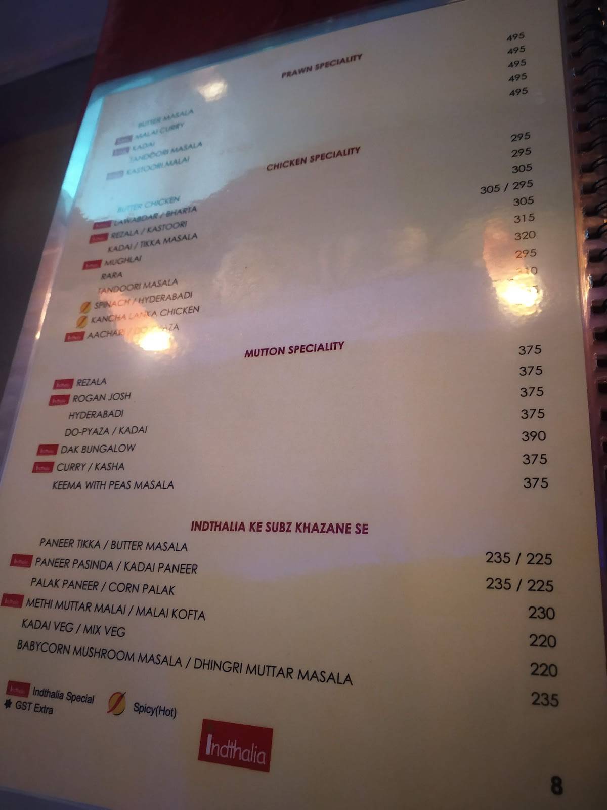 Indthalia menu