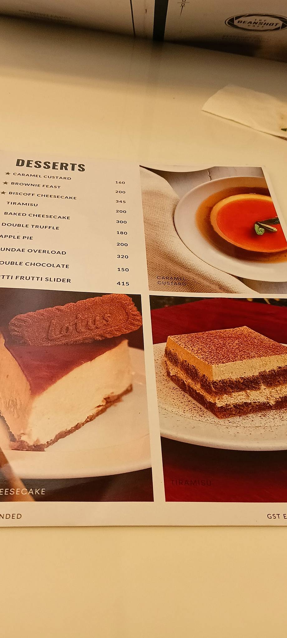 The Beanshot Cafe menu