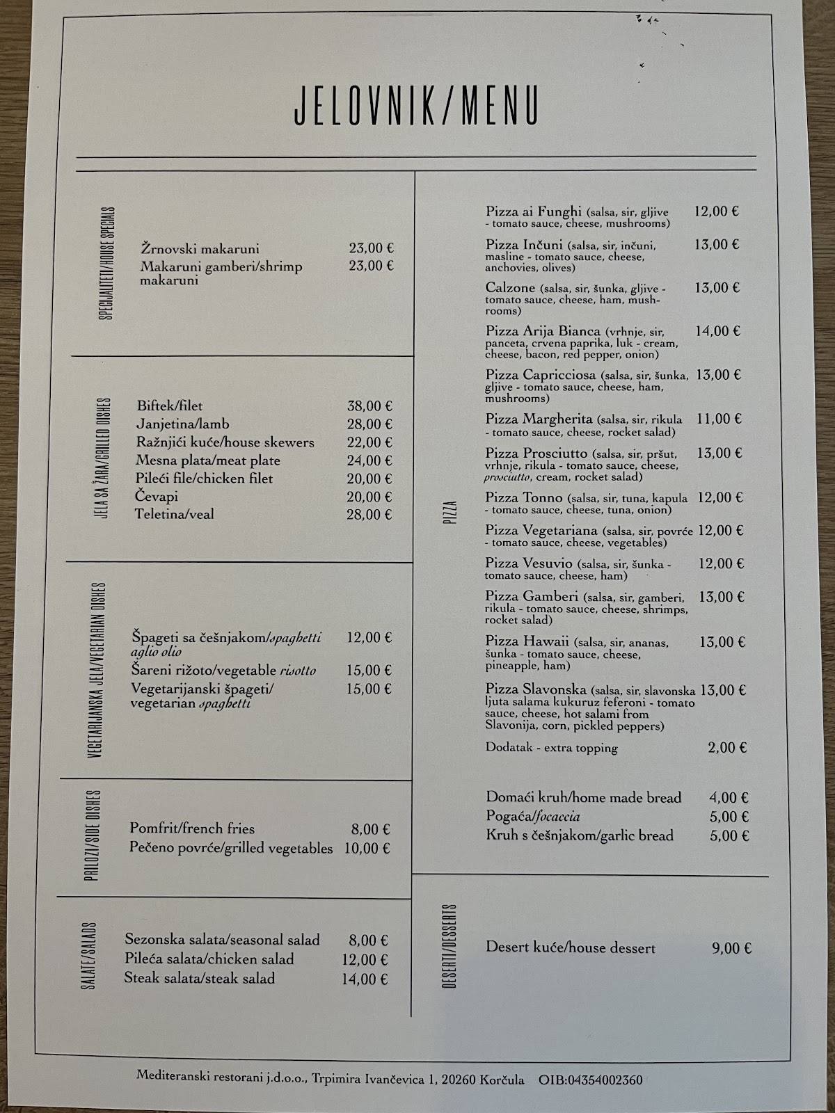 Menu di Konoba/pizzeria Arija 