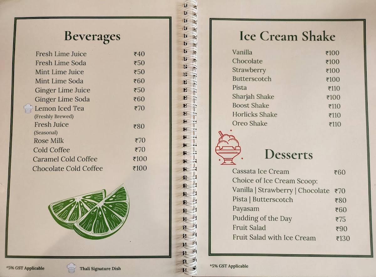 Thali Restaurant menu