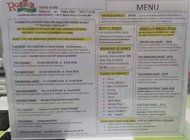 Menu at L'angolo restaurant, Ormond Beach