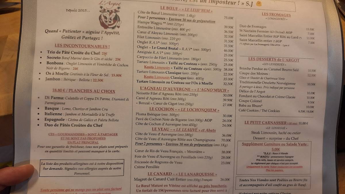 Menu de L'Argot