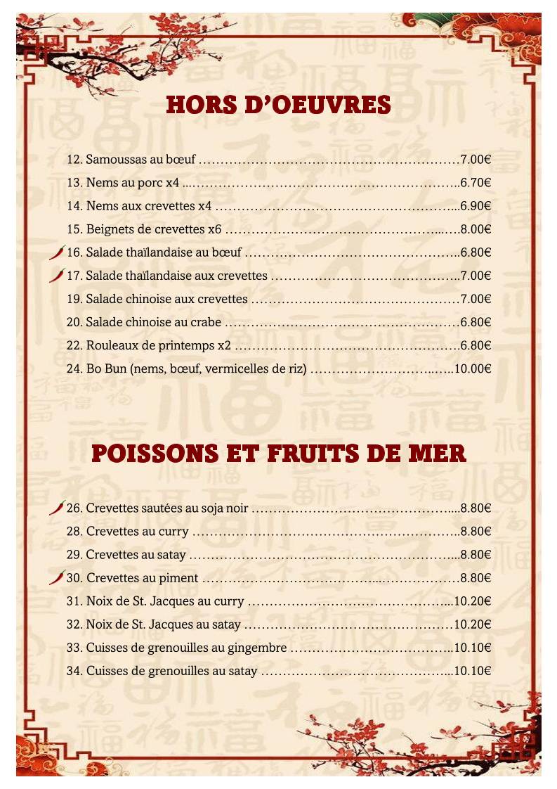 Menu de L'Asie Rochefort