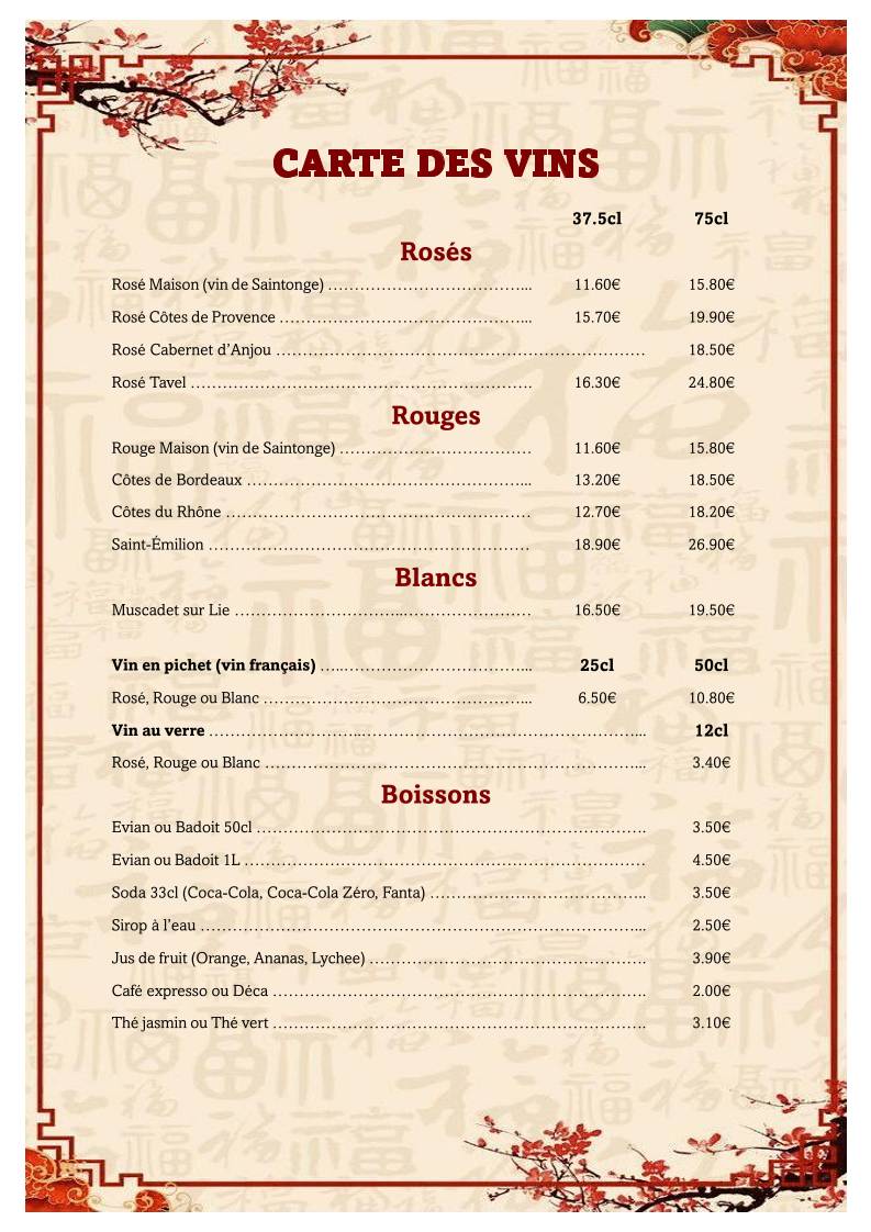 Menu de L'Asie Rochefort