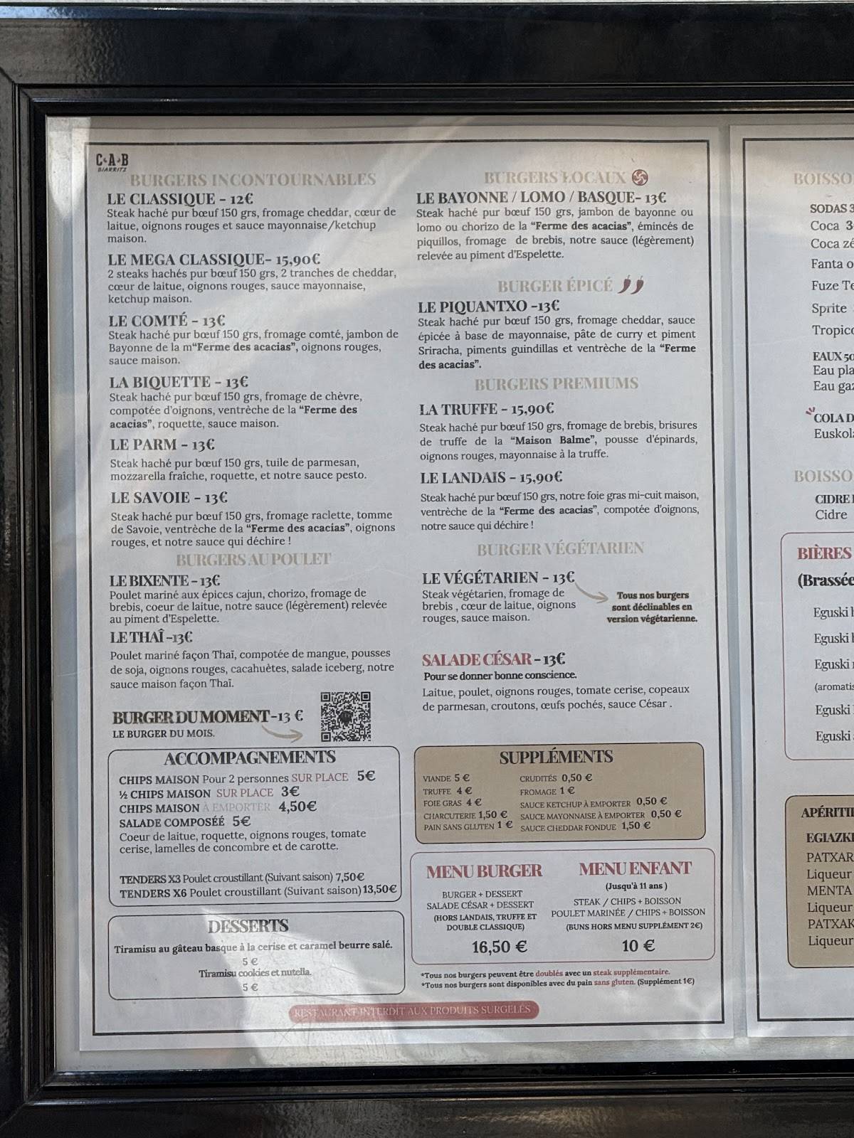 Menu de Le Cab Biarritz - Le Comptoir À Burger