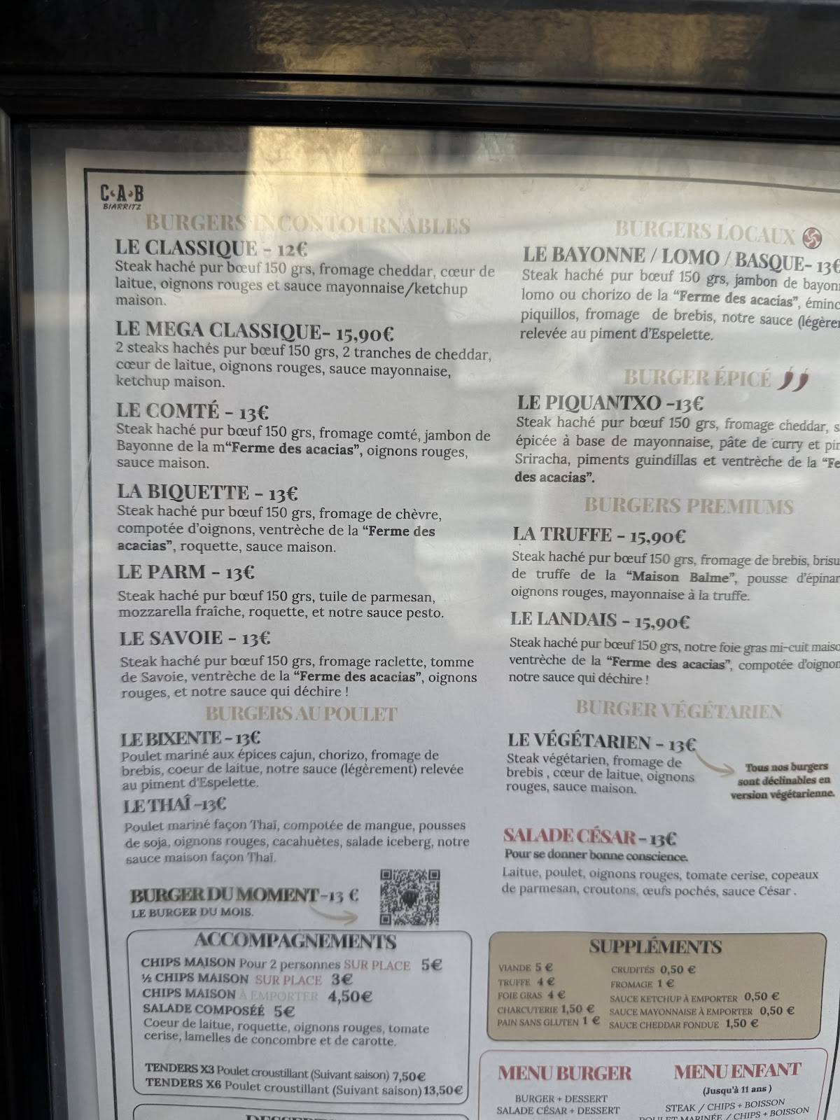 Menu de Le Cab Biarritz - Le Comptoir À Burger