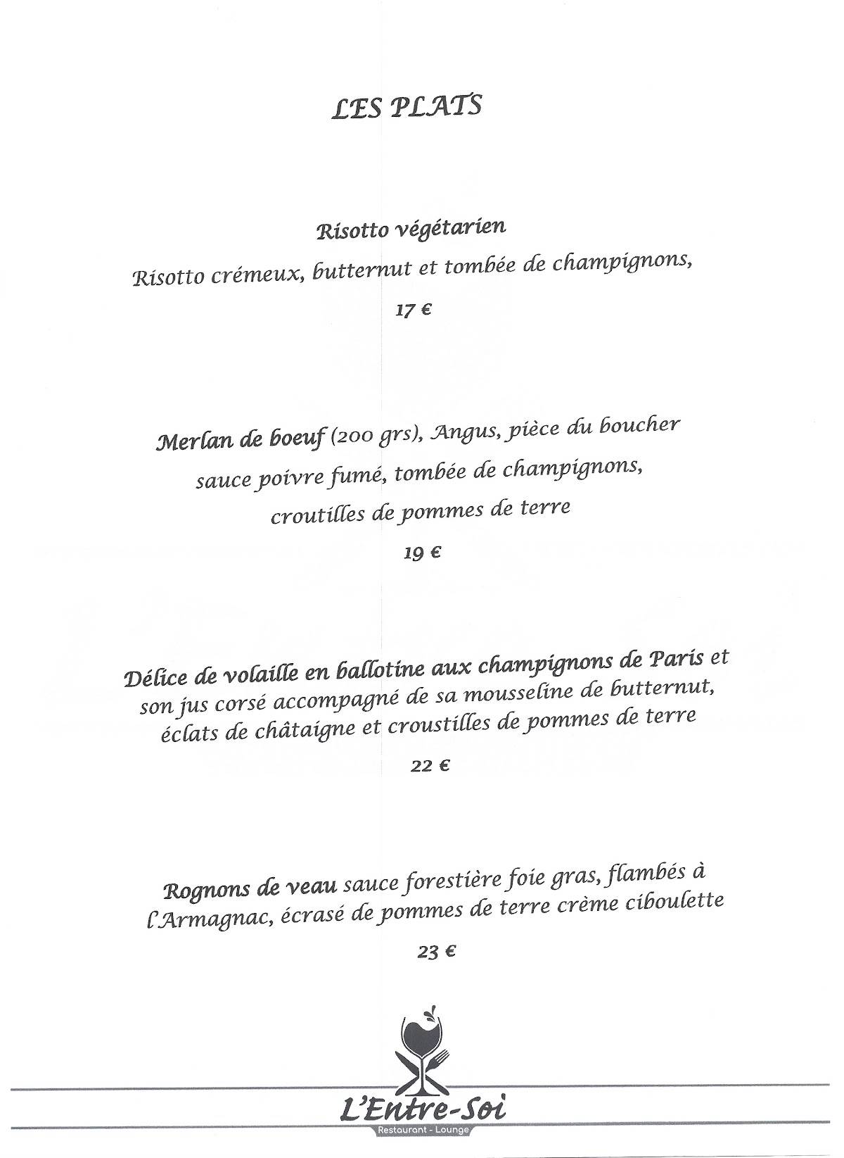 Menu de L'Entre-Soi