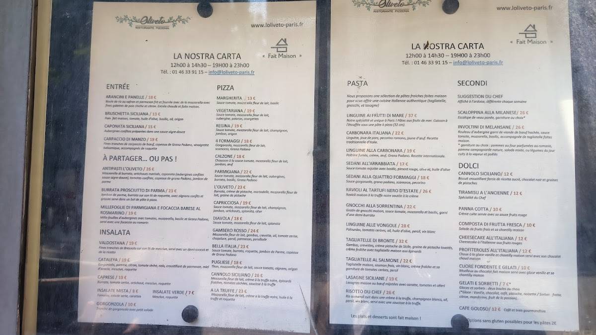 Menu de L'oliveto Paris